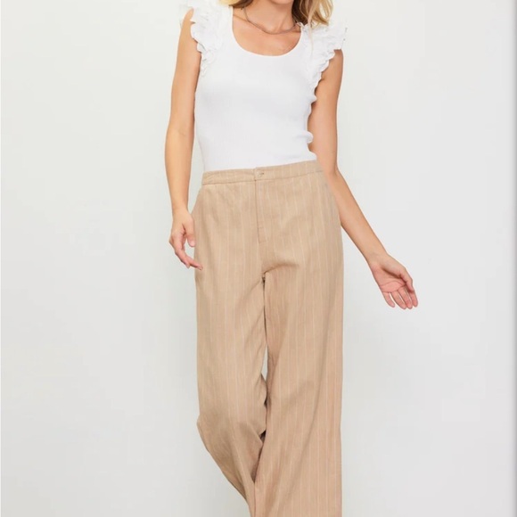 Skies Are Blue Pants - Skies Are Blue Small Tan Linen Cropped High Rise Pin Striped Pants‎ 73976 Latte